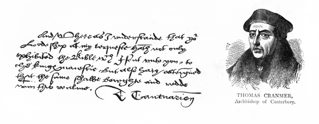 Håndskrift og signatur av erkebiskop Cranmer fra et brev til Thomas Cromwell, hvor han takket ham for å ha mottatt Henry VIIIs aksept av den engelske oversettelsen av Bibelen, 13. august 1537 (penn og blekk